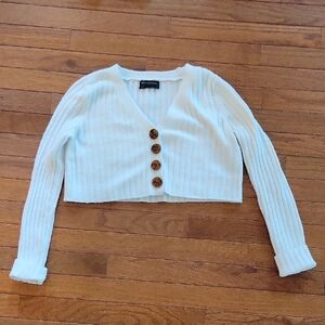 White Ribbed Button-Up Cardigan